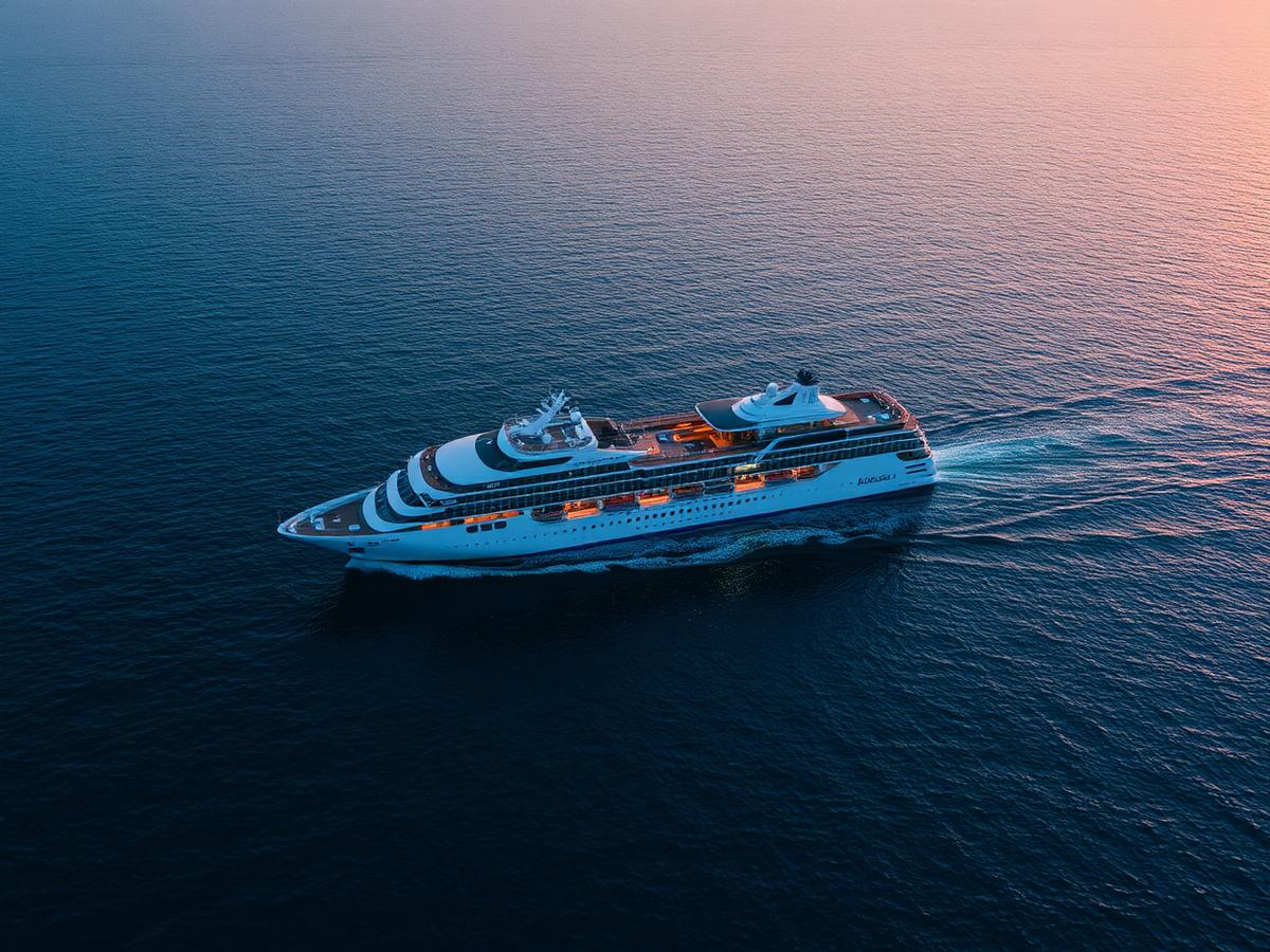 Crucero navegando al atardecer, cruceros por el Mediterráneo y el Caribe